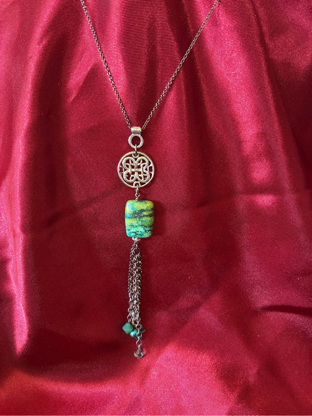 Zuka Long Boho Pendant Necklace Green Turquoise Stone Tassel Crystal